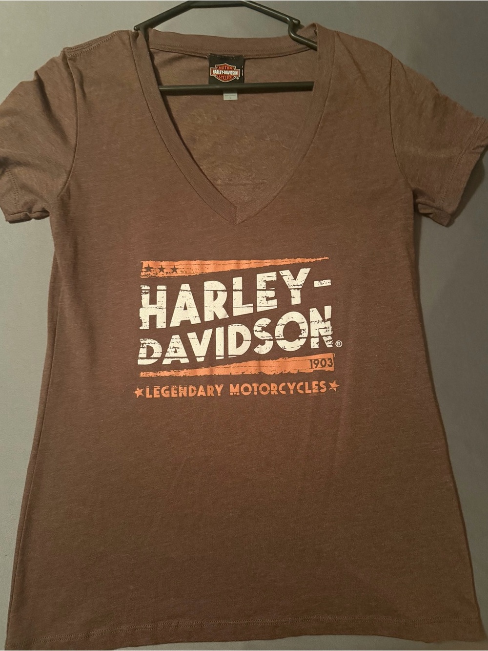Harley-Davidson Brown V-Neck Tee with Orange & White Logo